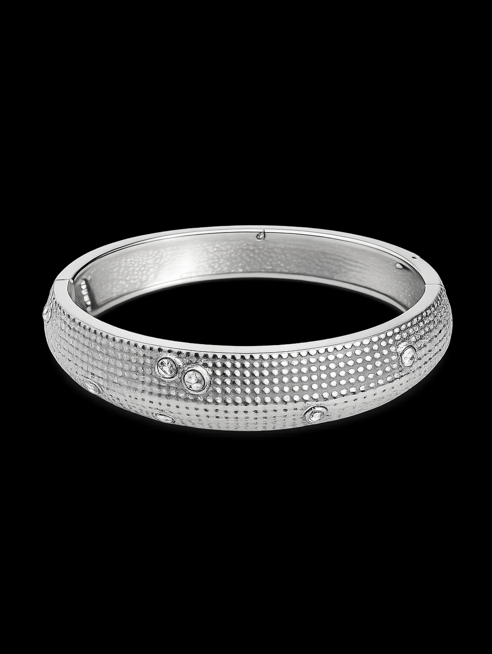 Silver-Tone Textured Rhinestone Hinged Bangle Bracelet | Sparkle Accent Cuff